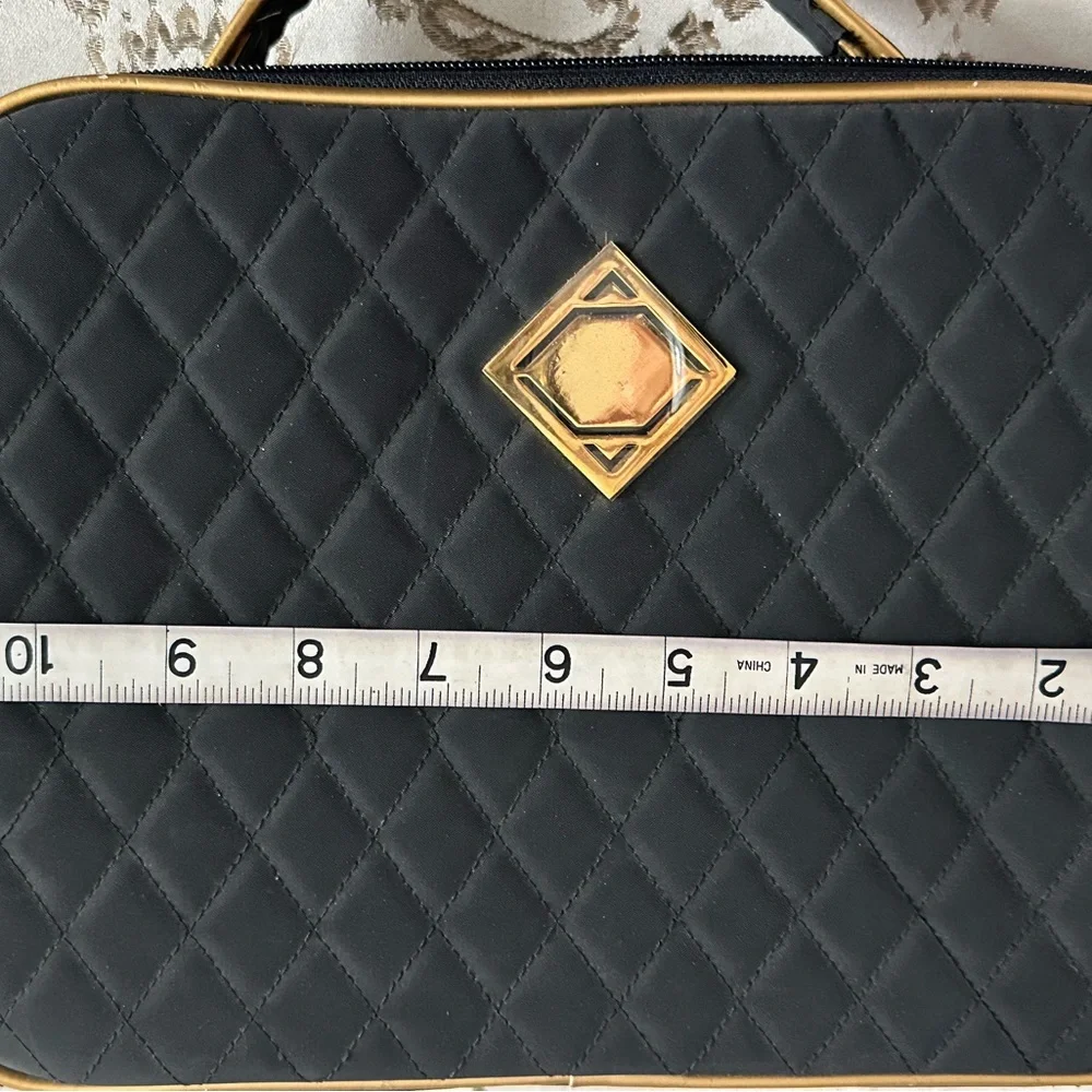 Black Quilted Makeup Bag with Gold Accents